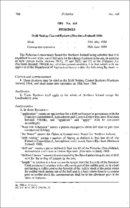 The Drift Netting Control Byelaws (Northern Ireland) 1984