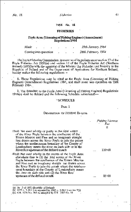 The Foyle Area (Licensing of Fishing Engines) (Amendment) Regulations (Northern Ireland) 1984