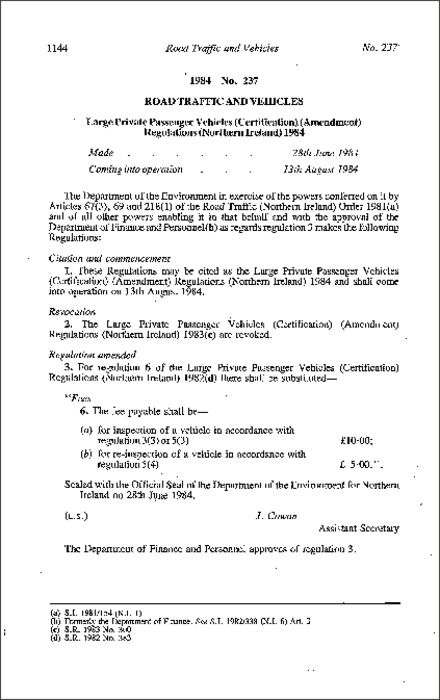 The Large Private Passenger Vehicles (Certification) (Amendment) Regulations (Northern Ireland) 1984