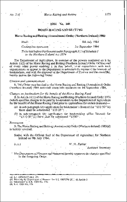 The Horse Racing and Betting (Amendment) Order (Northern Ireland) 1984