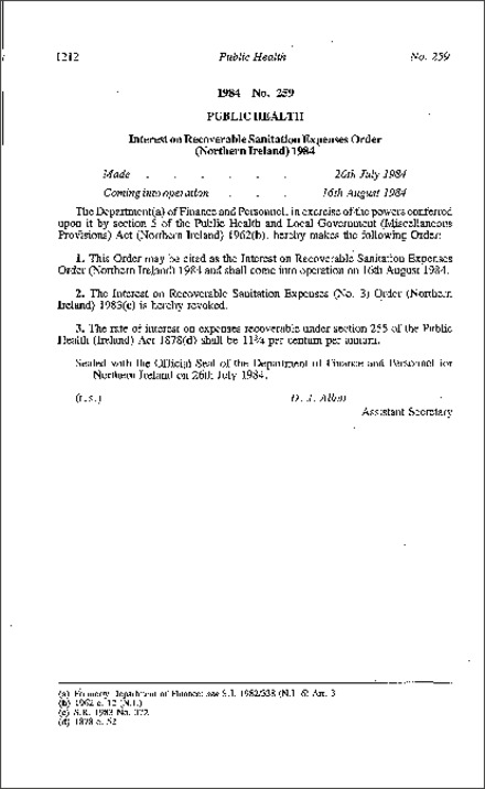 The Interest on Recoverable Sanitation Expenses Order (Northern Ireland) 1984