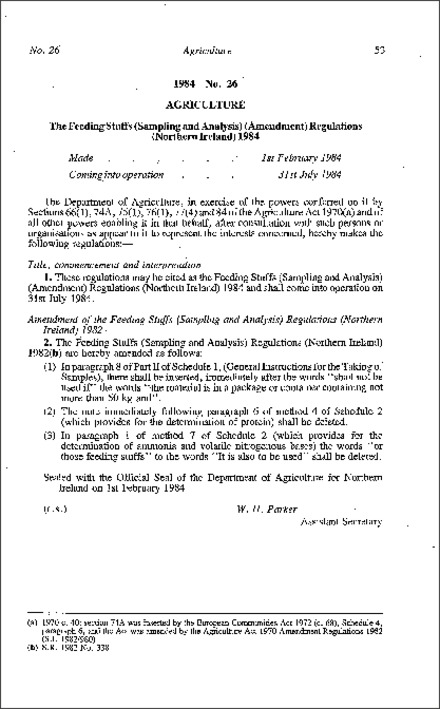 The Feeding Stuffs (Sampling and Analysis) (Amendment) Regulations (Northern Ireland) 1984