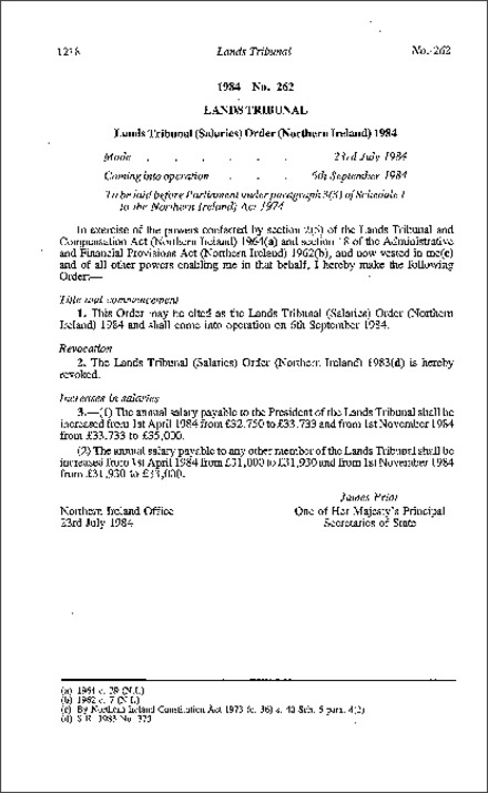 The Lands Tribunal (Salaries) Order (Northern Ireland) 1984