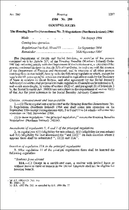 The Housing Benefits (Amendment No. 2) Regulations (Northern Ireland) 1984