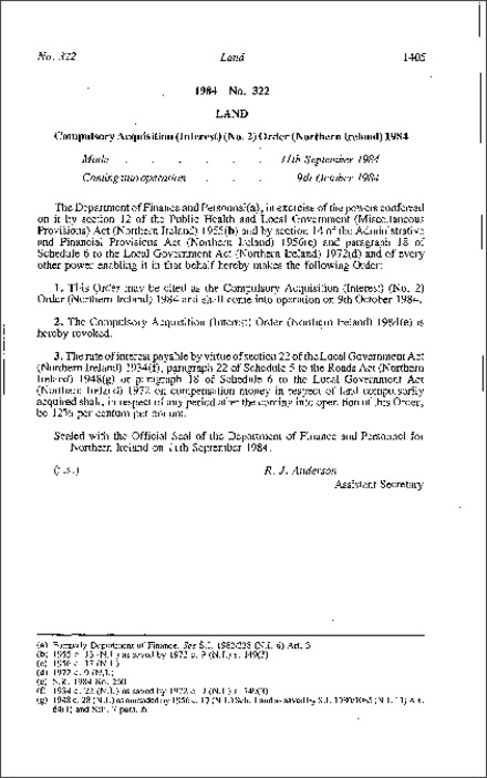 The Compulsory Acquisition (Interest) (No. 2) Order (Northern Ireland) 1984