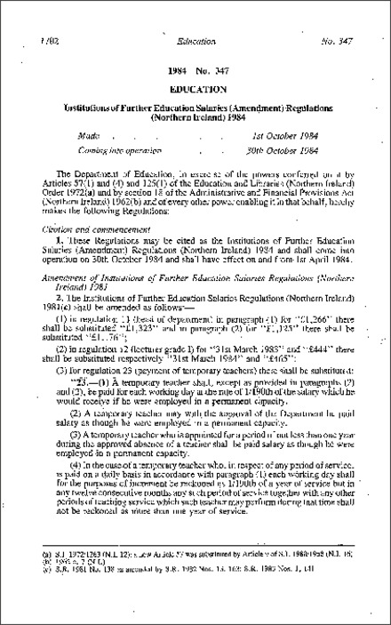 The Institutions of Further Education Salaries (Amendment) Regulations (Northern Ireland) 1984