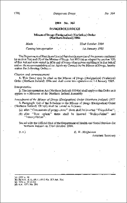 The Misuse of Drugs (Designation) (Variation) Order (Northern Ireland) 1984