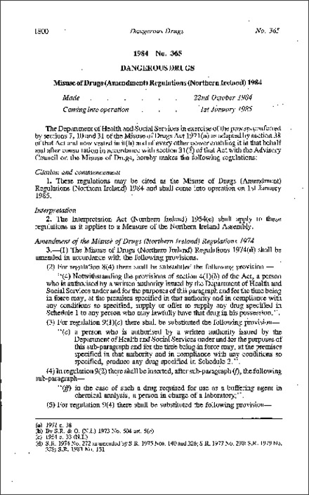 The Misuse of Drugs (Amendment) Regulations (Northern Ireland) 1984