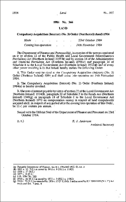 The Compulsory Acquisition (Interest) (No. 3) Order (Northern Ireland) 1984