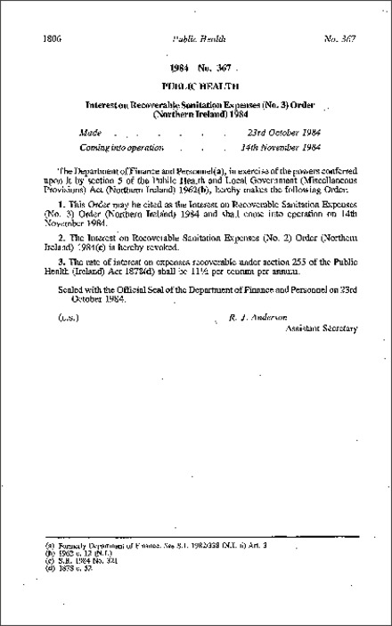 The Interest on Recoverable Sanitation Expenses (No. 3) Order (Northern Ireland) 1984