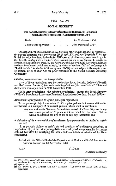 The Social Security (Widow's Benefit and Retirement Pensions) (Amendment) Regulations (Northern Ireland) 1984