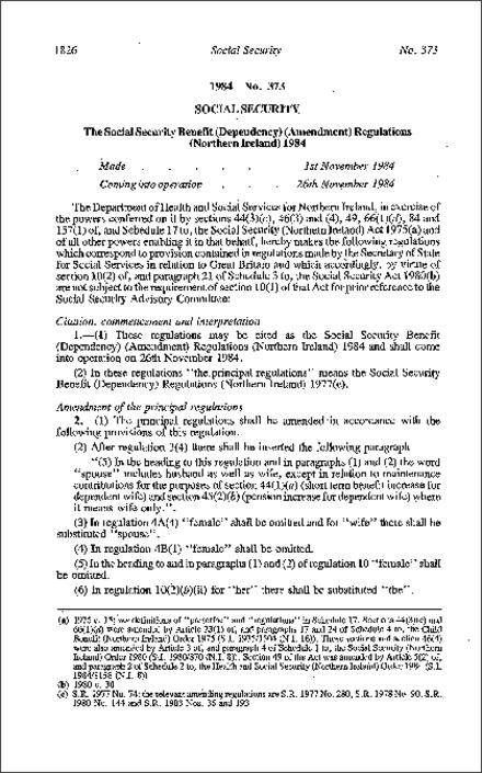 The Social Security Benefit (Dependency) (Amendment) Regulations (Northern Ireland) 1984