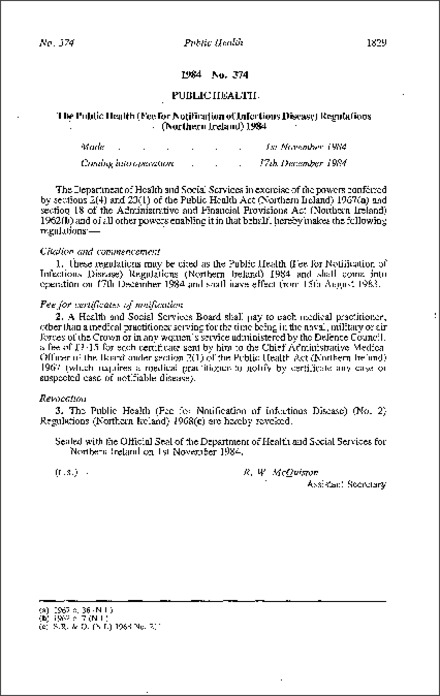 The Public Health (Fee for Notification of Infectious Disease) Regulations (Northern Ireland) 1984