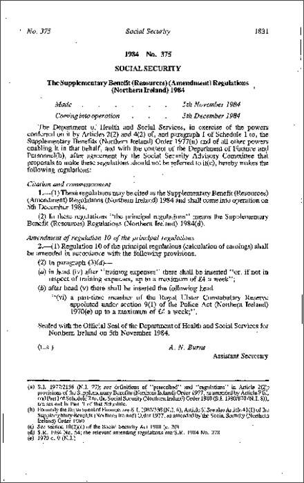 The Supplementary Benefit (Resources) (Amendment) Regulations (Northern Ireland) 1984