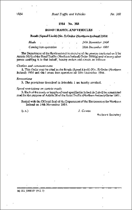 The Roads (Speed Limit) (No. 5) Order (Northern Ireland) 1984