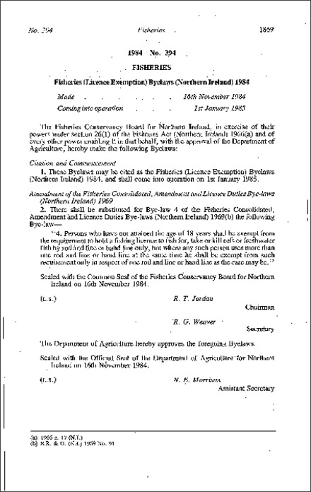 The Fisheries (Licence Exemption) Byelaws (Northern Ireland) 1984