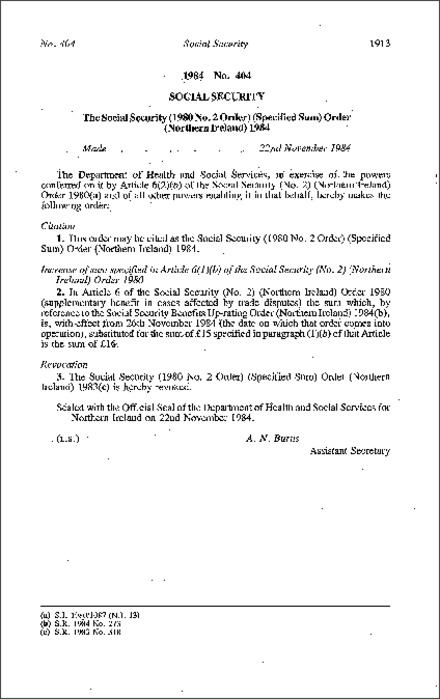 The Social Security (1980 No. 2 Order) (Specified Sum) Order (Northern Ireland) 1984