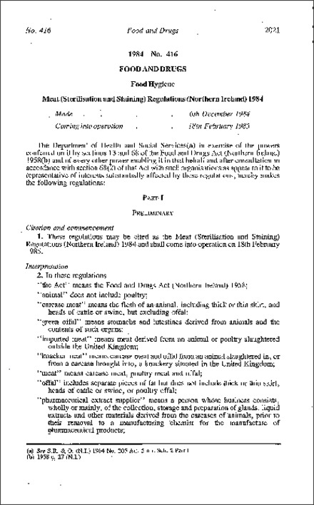 The Meat (Sterilisation and Staining) Regulations (Northern Ireland) 1984