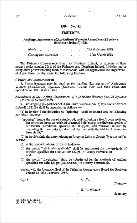 The Angling (Department of Agriculture Waters) (Amendment) Byelaws (Northern Ireland) 1984