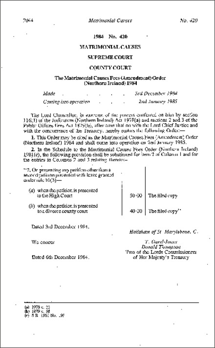 The Matrimonial Causes Fees (Amendment) Order (Northern Ireland) 1984