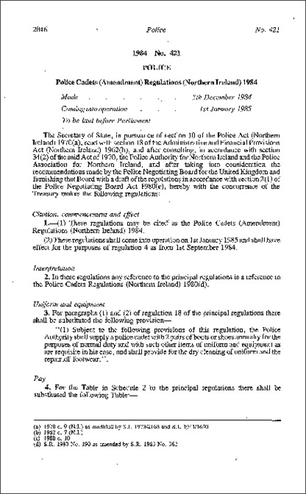 The Police Cadets (Amendment) Regulations (Northern Ireland) 1984