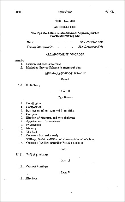 The Pigs Marketing Service Scheme (Approval) Order (Northern Ireland) 1984