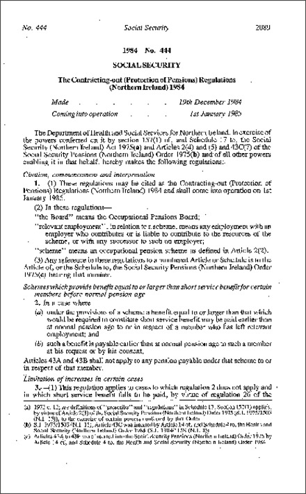 The Contracting-out (Protection of Pensions) Regulations (Northern Ireland) 1984