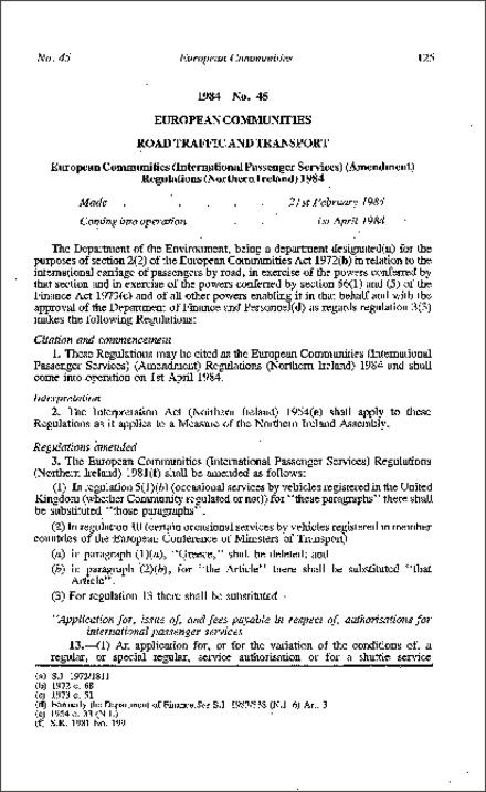 The European Communities (International Passenger Services) (Amendment) Regulations (Northern Ireland) 1984