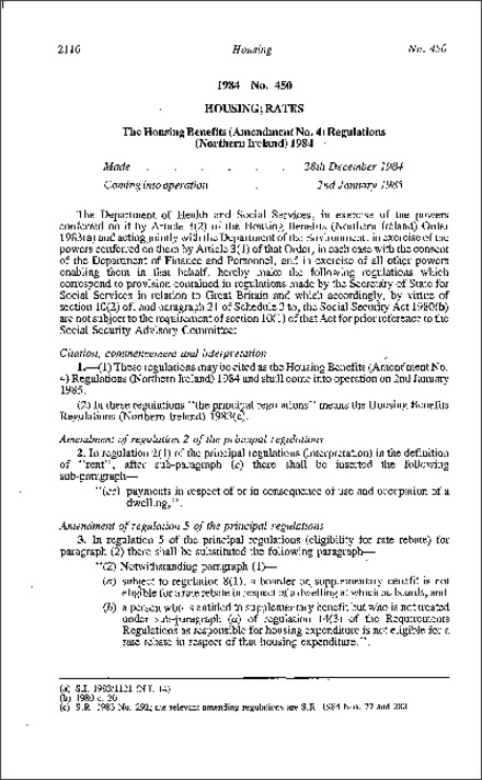 The Housing Benefits (Amendment No. 4) Regulations (Northern Ireland) 1984