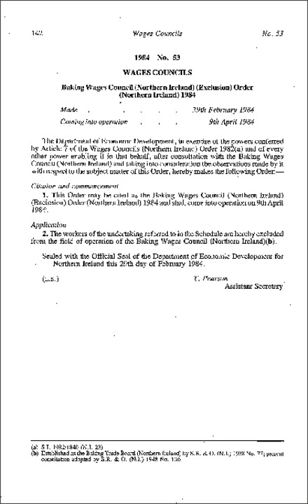 The Baking Wages Council (Northern Ireland) (Exclusion) Order (Northern Ireland) 1984