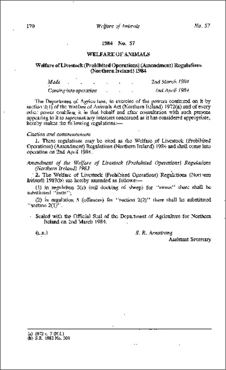 The Welfare of Livestock (Prohibited Operations) (Amendment) Regulations (Northern Ireland) 1984
