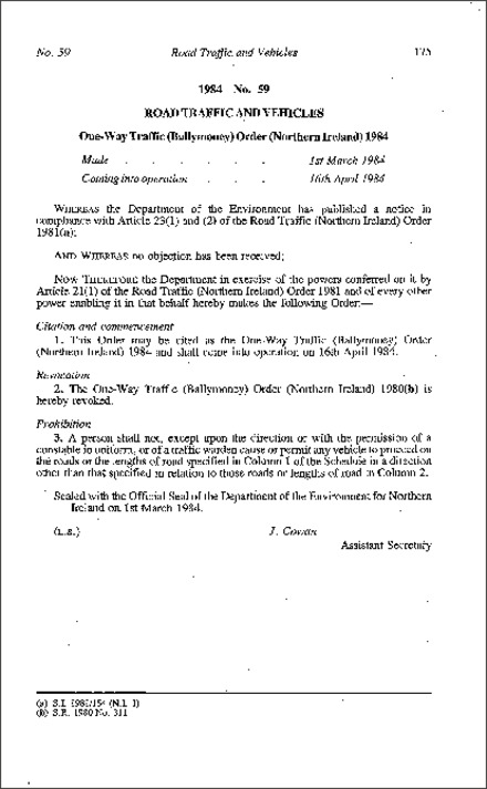 The One-Way Traffic (Ballymoney) Order (Northern Ireland) 1984