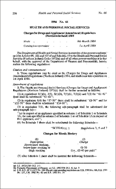 The Charges for Drugs and Appliances (Amendment) Regulations (Northern Ireland) 1984