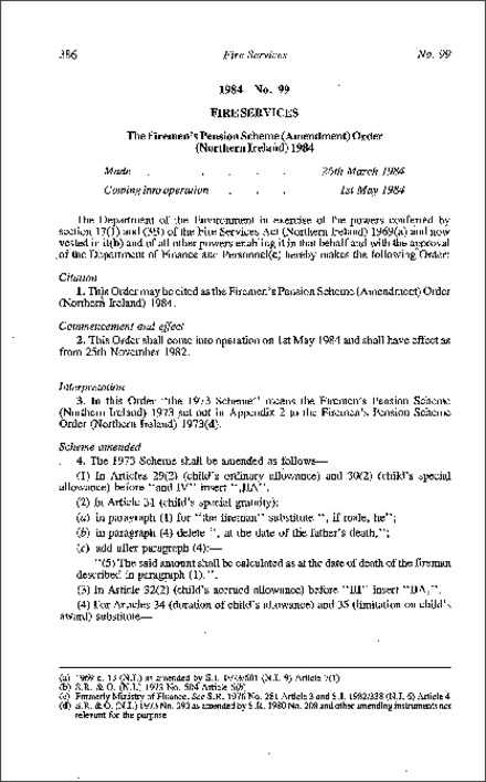 The Firemen's Pension Scheme (Amendment) Order (Northern Ireland) 1984