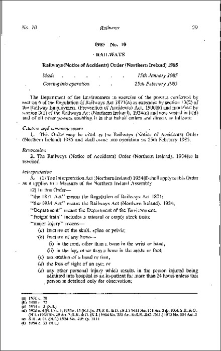 The Railways (Notice of Accidents) Order (Northern Ireland) 1985