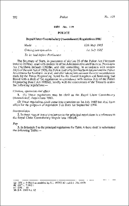 The Royal Ulster Constabulary (Amendment) Regulations (Northern Ireland) 1985