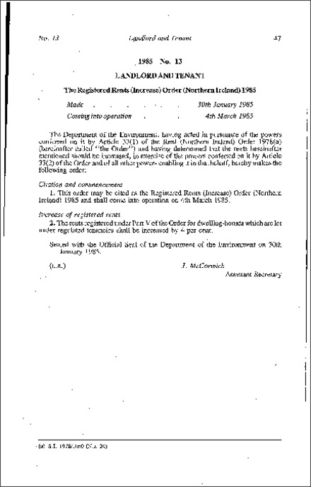 The Registered Rents (Increase) Order (Northern Ireland) 1985