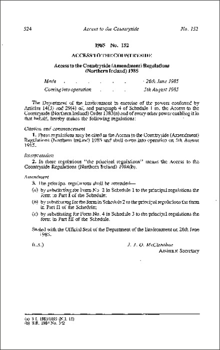 The Access to the Countryside (Amendment) Regulations (Northern Ireland) 1985