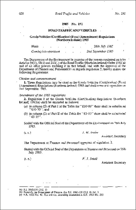 The Goods Vehicles (Certification) (Fees) (Amendment) Regulations (Northern Ireland) 1985