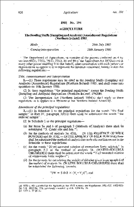 The Feeding Stuffs (Sampling and Analysis) (Amendment) Regulations (Northern Ireland) 1985