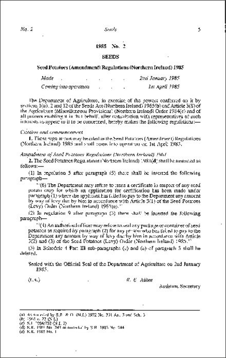 The Seed Potatoes (Amendment) Regulations (Northern Ireland) 1985