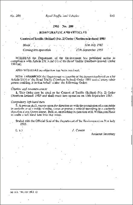 The Control of Traffic (Belfast) (No. 2) Order (Northern Ireland) 1985