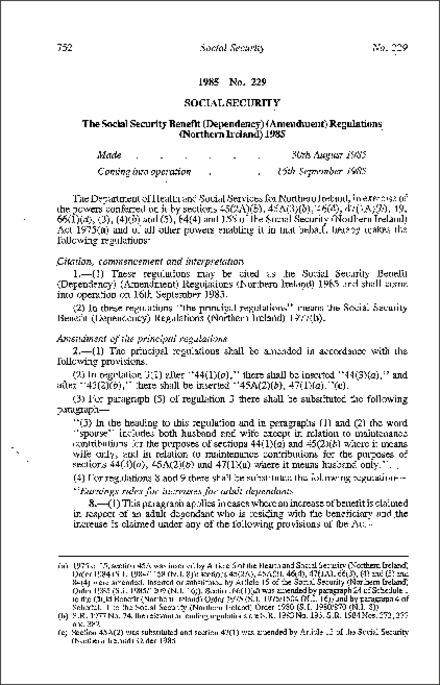 The Social Security Benefit (Dependency) (Amendment) Regulations (Northern Ireland) 1985