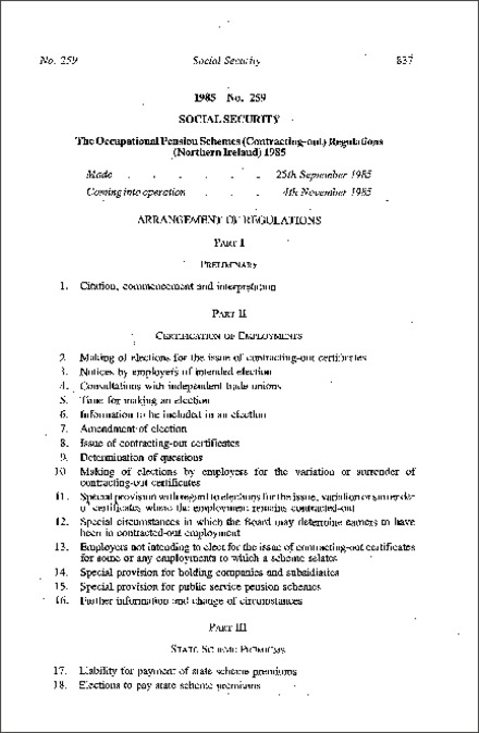 The Occupational Pension Schemes (Contracting-out) Regulations (Northern Ireland) 1985