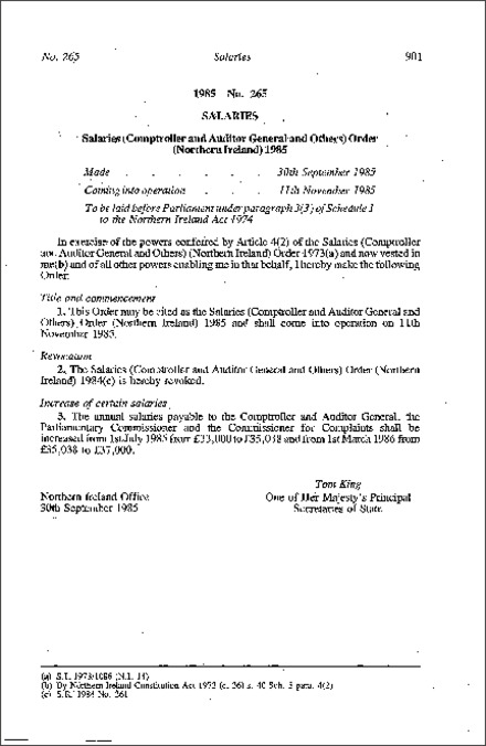 The Salaries (Comptroller and Auditor General and Others) Order (Northern Ireland) 1985