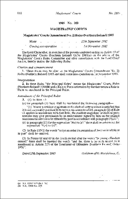 The Magistrates' Courts (Amendment No. 2) Rules (Northern Ireland) 1985