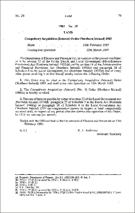 The Compulsory Acquisition (Interest) Order (Northern Ireland) 1985