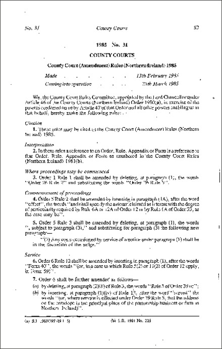 The County Court (Amendment) Rules (Northern Ireland) 1985