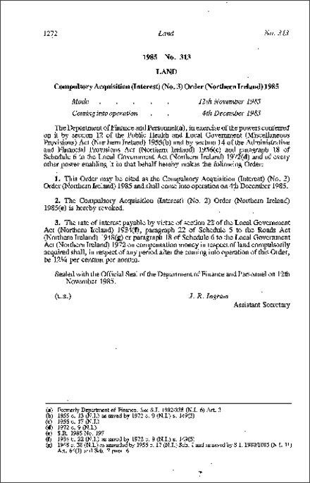 The Compulsory Acquisition (Interest) (No. 3) Order (Northern Ireland) 1985