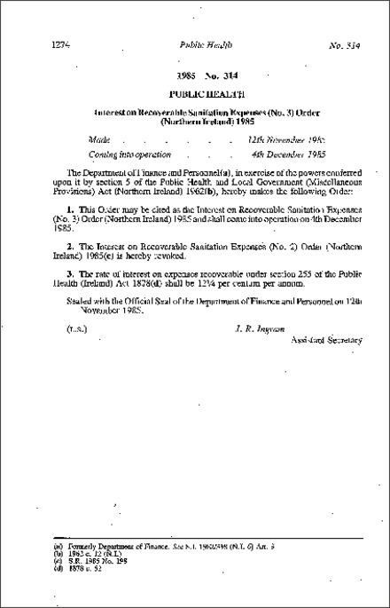 The Interest on Recoverable Sanitation Expenses (No. 3) Order (Northern Ireland) 1985